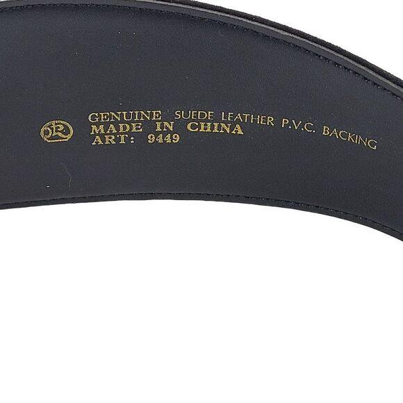 Vintage 80's Wide V Belt Black Suede Ornate Gold Etched Hook Buckle Art to Wear - Picture 3 of 8